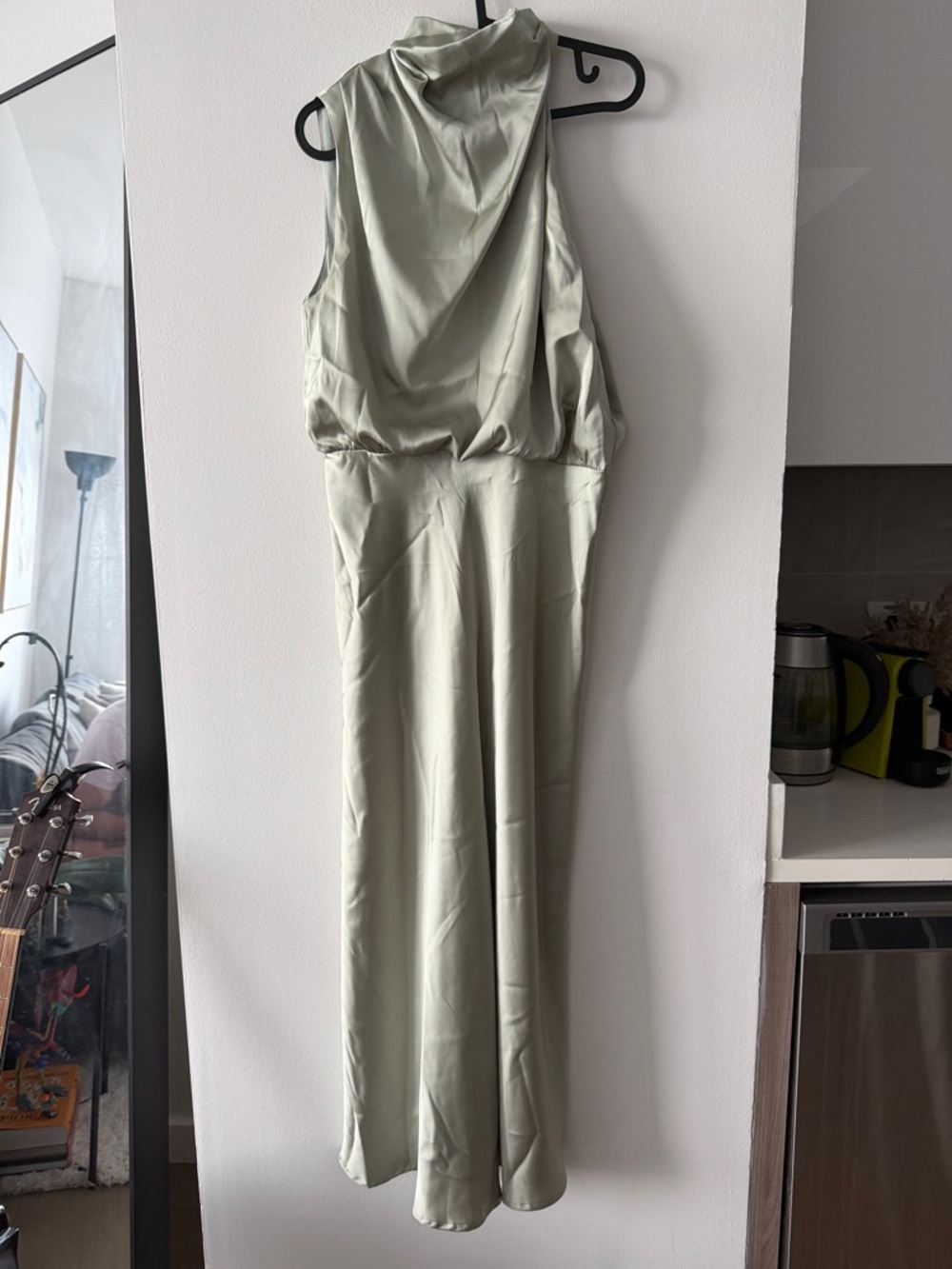 Sleeveless Satin Maxi Dress in Sage Green with High Neck